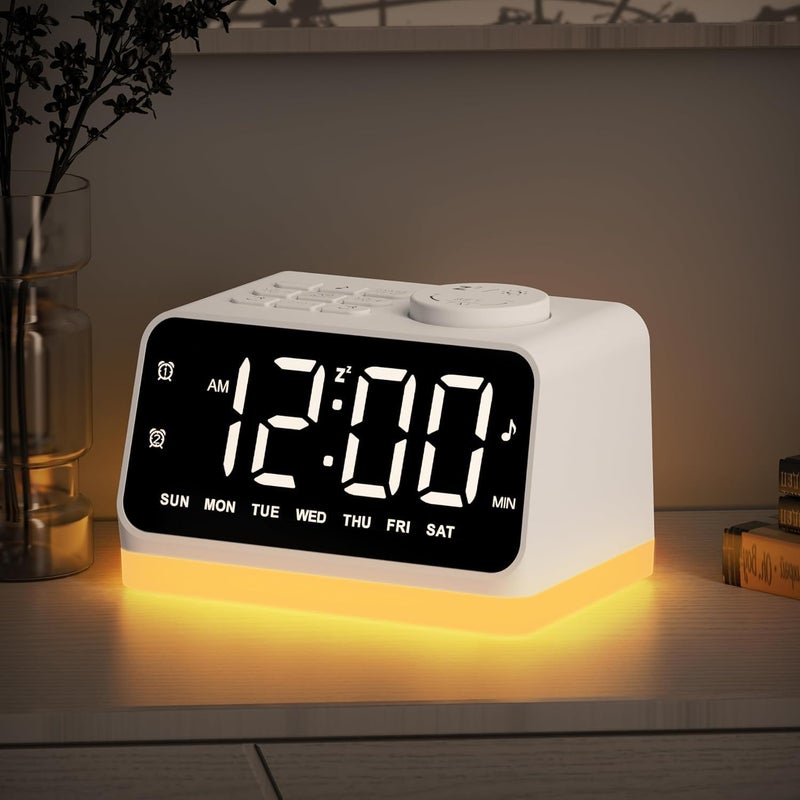 Jall Digital Alarm Clock with FM Radio for Bedroom, 8 Colors Night Light with Charging Port, Sleep Sound Machines with Timer, Dual Alarm (White with White Font) - Image 1